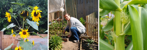 People making home grown veg and flowers