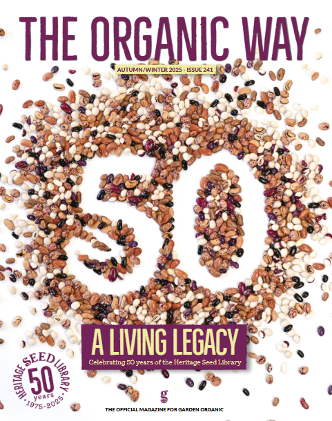 The front cover of the autumn winter edition of the Organic Way, it has the number 50 on, spelt out in seeds.